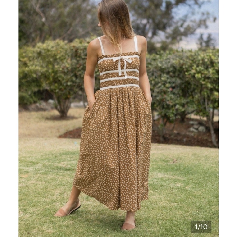 Neuflora Windham Brown Floral Smocked Midi Dress Pockets Fall Cottagecore Med